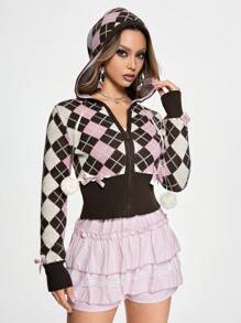 ROMWE Kawaii Y2K Himekaji Argyle Pattern Bowknot Front Cardigan For Women - Brown - View 6