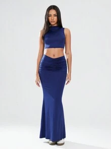 SHEIN Unity 1 件女式海军蓝简约褶皱 A 字裙，百搭夏季服装 - 藏蓝色 - 查看 1