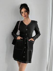 Chiquease Vestido camisero corto elegante con efecto denim para mujer - Negro - Ver 1
