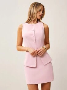 SHEIN Essnce 2 件情人节女士粉色纯色前扣无袖上衣和迷你裙套装，商务休闲套装 - 粉色 - 查看 1