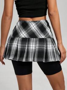 SHEIN Essnce Women's Simple Plaid Pleated Shorts, Casual Daily Wear - Multicolor - View 2