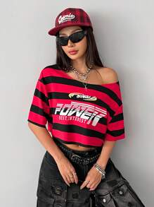 Coolane 女士夏季休闲运动 V 领露肩 T 恤、音乐节条纹服装 - 彩色 - 查看 7