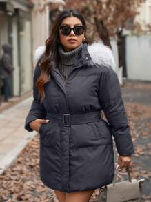 Calvaya Plus Size Front Zipper Long Sleeve Furry Patchwork Casual Hooded Coat, Winter Coat
