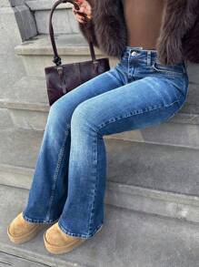 RueChic Elastische mid waist flare jeans met jacron - Medium gebleekt - Bekijken 7