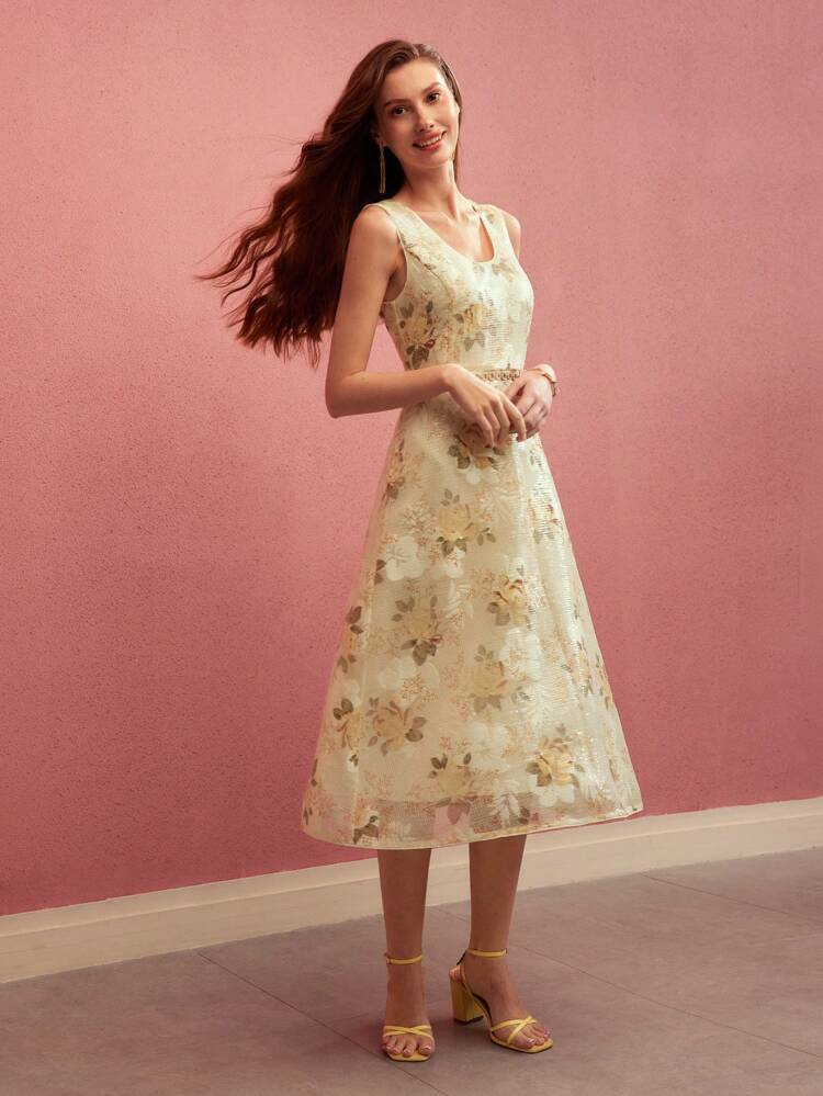 SEQUIN FLORAL PRINT DEEP U-NECK MIDI DRESS,SPRING/SUMMER