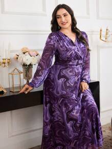 Modelyn 大码优雅大理石印花长裙 - 紫色 - 查看 4