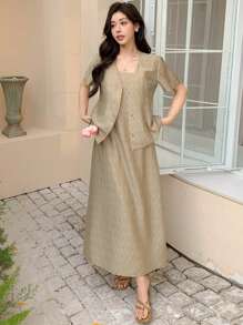 DAZY 女士休闲纯色短袖外套和连衣裙两件套商务套装