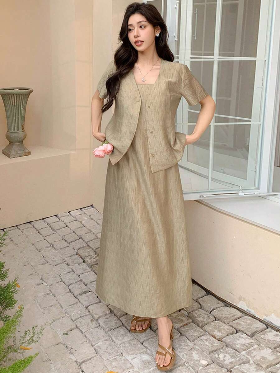 DAZY 女士休闲纯色短袖外套和连衣裙两件套商务套装