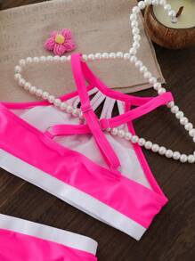 Spring/Summer Bikini Set, Minimalist Fashion Style, Fuchsia & White, Floral Petal Cutout Neckline, Tween Girls Fuchsia-White Contrast Floral Cutout Neck Two-Piece Bikini Set, Stylish Casual Elegant Suitable For Swimming, Vacation, Summer