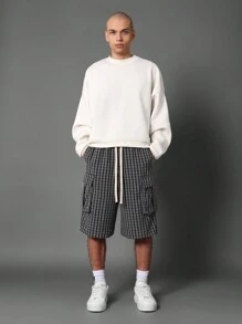 SUMWON Relaxed Fit Plaid Cargo Shorts With Multiple Pockets Elastic Drawstring Waist Casual Summer Streetwear Bermuda Walking Shorts - Black - View 3