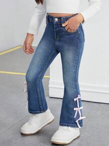 SHEIN Young Girl' Y2K Pink Cute Bow Accent Blue Denim Jeggings,Valentine's Day Denim Pants - Dark Wash - View 7