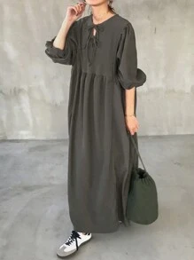 FRIFUL Women's Solid Color Front Tie Long Sleeve Simple Casual Long Dress