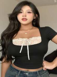 Dazy Plus Plus Size Contrast Lace Mock 2-In-1 Fitted Short Sleeve T-Shirt, Spring/Summer Cute Tops, Back To School Clothes - Black - View 9