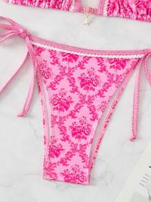 Swim Mod Random Print Women's Summer Holiday Beachwear Halter Neck Bikini Set - Pink - View 5