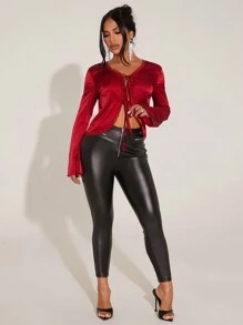 SHEIN SXY Women Lace Patchwork Bowknot Front V-Neck Solid Color Casual Blouse