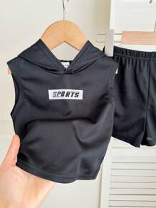 SHEIN 2 件套男童/女童无袖连帽上衣和松紧腰短裤套装 - 黑色 - 查看 7