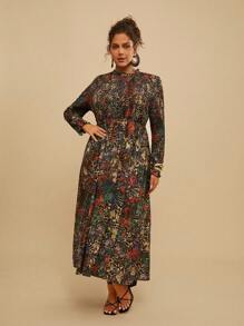 SHEIN VCAY 大码长袖休闲连衣裙，简约时尚，适合日常穿着 - 彩色 - 查看 1