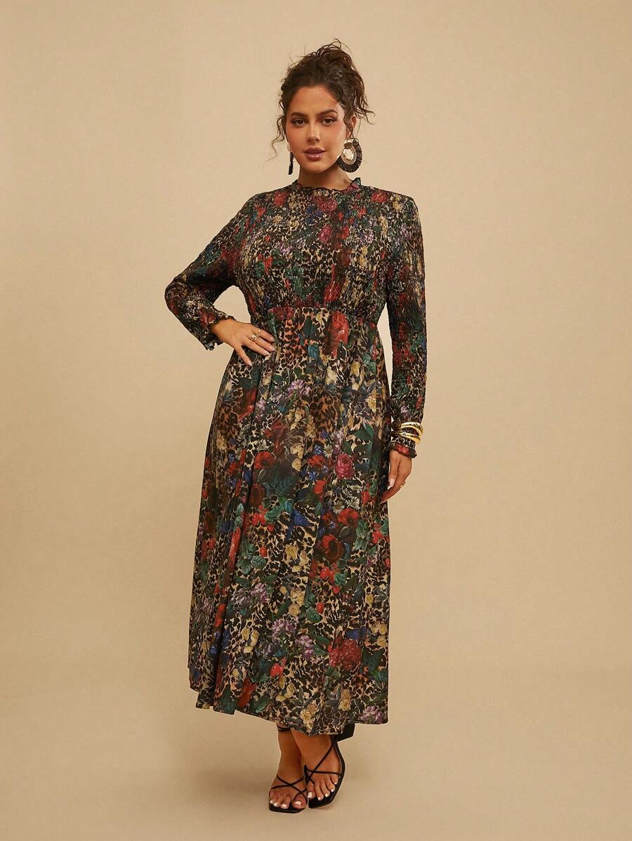 SHEIN VCAY 大码长袖休闲连衣裙，简约时尚，适合日常穿着 - 彩色 - 查看 1