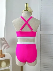 Spring/Summer Bikini Set, Minimalist Fashion Style, Fuchsia & White, Floral Petal Cutout Neckline, Tween Girls Fuchsia-White Contrast Floral Cutout Neck Two-Piece Bikini Set, Stylish Casual Elegant Suitable For Swimming, Vacation, Summer