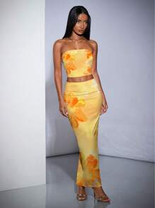 SHEIN BAE 2pcs/Set Women Casual Elegant Floral Printed Tube Top And Long Bodycon Skirt Set, Suitable For Spring/Summer