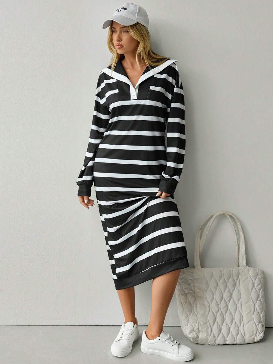 Hanevo 秋季女士黑白条纹休闲连衣裙 - 彩色 - 查看 1