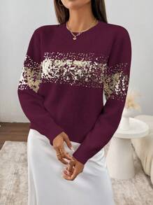 SHEIN Clasi 1 pieza Camisa de mujer de cuello redondo de manga larga con decoración de lentejuelas, diseño minimalista, casual para uso diario