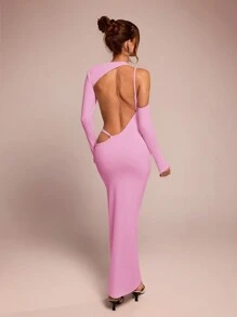 SHEIN BAE Women's Asymmetric Asymmetrical Neck Long Sleeve Hollow-Out Sexy Backless Dress, Suitable For Layering In Autumn/Winter, Cocktail Parties, Romantic Dates, Gatherings, Party, Wedding Bridesmaid, Night Out, Halloween, Christmas - Baby Pink - View 6