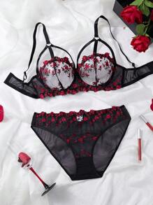2 件套加大码浪漫花卉印花性感文胸和内裤内衣套装，提拉