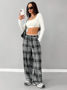 SHEIN EZwear Women's Spring Summer Daily Wear Y2K Fashion Streetwear Athleisure 90s Fashion Vintage Plaid Contrast Lace Drawstring Elastic Waistband Black And White Baggy Wide Leg Pants