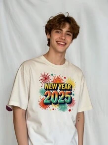 Manfinity VCAY Men 2025 Colorful Happy New Year Pattern T-Shirt Top - White - View 1