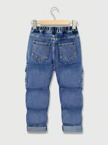 Older Boys Street Style Casual Basic Four-Season Utility Pants With Elastic Waist, Distressed Washed Comfortable Denim Jeans, Essential Item For 2025 - Medium Wash - View 2