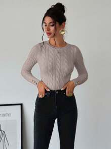 Firerie Maglione semplice ed elegante da donna, in stile casual da college, versatile, con collo a giro, a maglia intrecciata, modellato