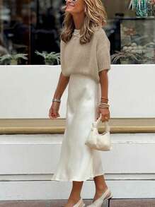 EMERY ROSE New Arrival Short Sleeve Knitted Sweater With Round Neck, Elegant Pullover - Apricot - View 3