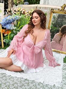 Flirla 大码女式圆领心形领提花刺绣雪纺领带蝴蝶结长袖可爱优雅复古 A 字衬衫，粉色 - 粉色 - 查看 7