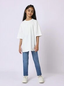T-shirt oversize SUMWON, col ras-du-cou classique, manches 3/4, coupe ample et confortable pour le quotidien. Top essentiel et basique pour les jeunes, idéal pour les vacances - Blanc - Voir 3