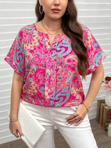 SHEIN LUNE Plus Size Women Notch V-Neck Short Sleeve Printed Casual Blouse Valentine Summer Outfits For Women Summer Spring Clothes Spring Outfits For Women Summer Boho Old Money