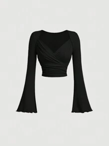 SHEIN MOD Áo thun tay chuông phía trước màu mơ thanh lịch, , Quần áo, Áo thun nữ màu trắng, Quần áo mùa thu cho nữ, Mùa tựu trường, Trang phục đi chơi, Áo thun ôm vừa vặn, Năm mới, Valentine - màu đen - Xem 1