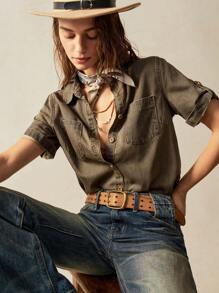 Bohemela 女士休闲纯色梭织宽松短袖衬衫西部风女装节日嬉皮女牛仔 - 灰色 - 查看 6