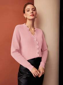 MOTF PREMIUM CONTRAST LACE BUTTON UP LIGHTWEIGHT CARDIGAN - Pink - View 6