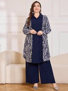 Lacomfia Random Floral Pattern, Heterogeneous Floral Patchwork, 2 Pieces Set, Elegant Retro Plus Size Fall Cloth For Women - Navy Blue - View 4