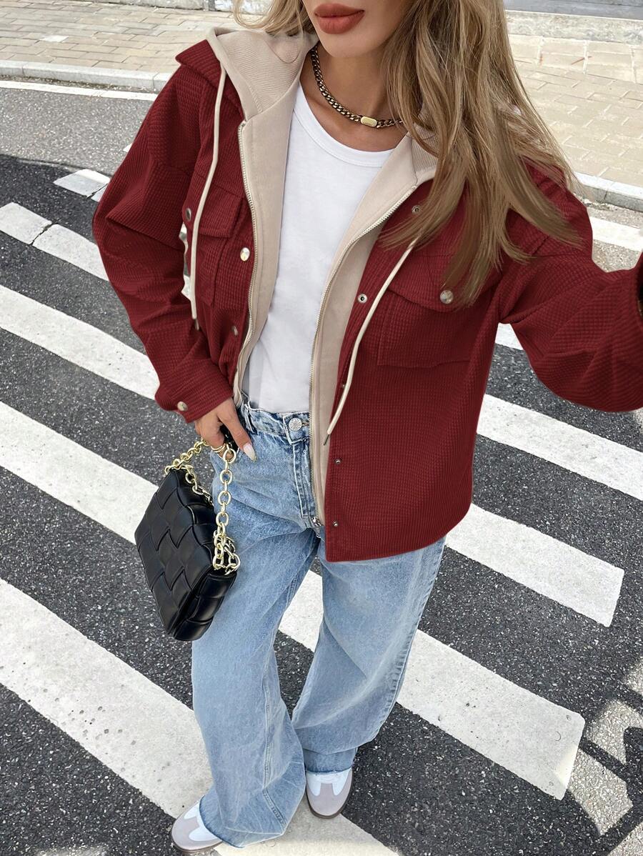SHEIN Frenchy 女式秋季二合一撞色连帽拉链夹克 - 紅木色 - 查看 1
