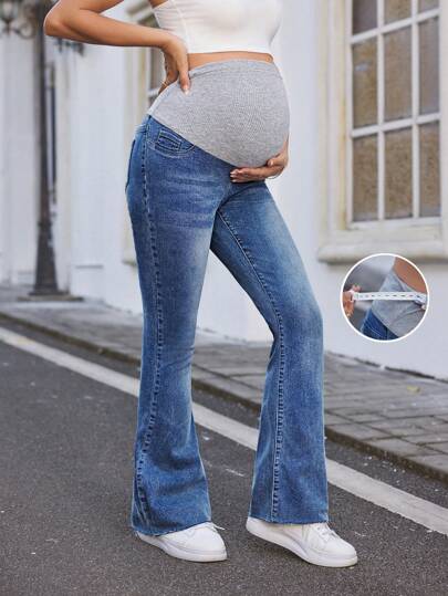 SHEIN 孕妇弹力腰部紧身喇叭牛仔裤，蓝色，夏季波西米亚风薄款牛仔喇叭裤