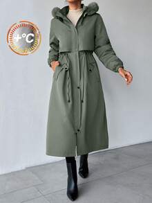 Women's Detachable Fur Collar & Hooded Lined Coat - Mint Green - View 1