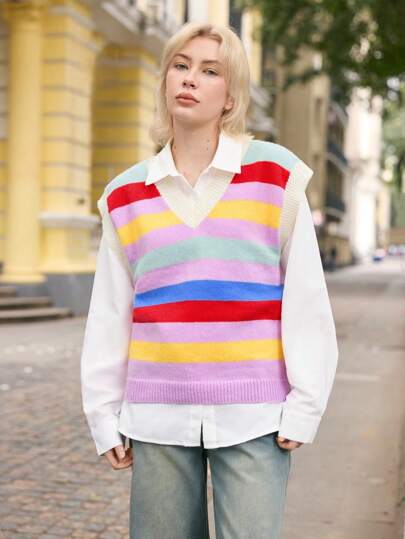 Skyraze Women's Rainbow Striped Oversized Knitted Cardigan,Geometric Pattern