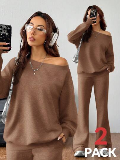 SHEIN EZwear Women's Fall/Winter Basic Knit Plain Grey Baggy Off The Shoulder Asymmetrical Neck Long Sleeve Sweatshirt & Flare Pants Workout Set,Two Pieces Outfits