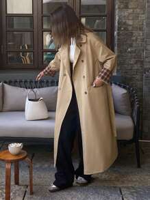 DAZY Plaid Patchwork Double-Breasted Loose Mid-Length Trench Coat,Fall Clothes - Khaki - View 8