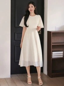 DAZY Elegant Solid Color Round Neck Fitted Waist Midi Dress For Women, Summer Sundress - Beige - View 1