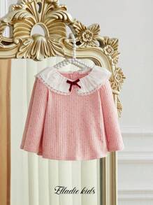 SHEIN Top de manga larga con cuello acanalado y lazo adornado para niñas bebé, estilo elegante y dulce, cálida y cómoda para primavera, otoño e invierno - Multicolor - Ver 3