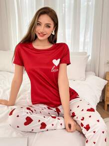 Dream Adore Heart Print Round Neck Short Sleeve Top & Pants Women Valentine's Day Red Pajama Set