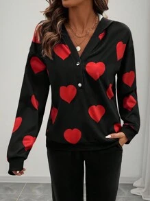 EMERY ROSE Heart Print Hoodie, Valentine's Day Pullover Fall - Black - View 3